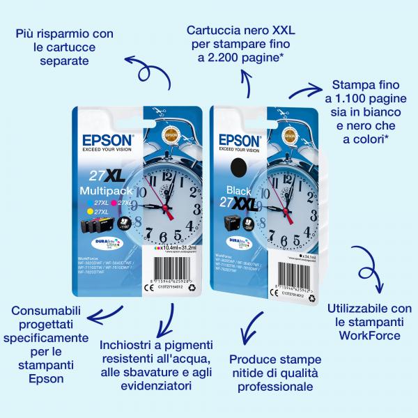 EPSON CART. INK MULTIPACK COLORE XL GIALLO + CIANO + MAGENTA PER WF-3620/3640/7110/7610/7620 SERIE SVEGLIA - immagine prodotto